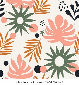 Pastel Continuous Elegant Modern Blossom Decor Texture. Hippie Seamless Color Tropic Foliage Leaves Print. Orange Repeated Classic Branch Fabrics Wallpaper.