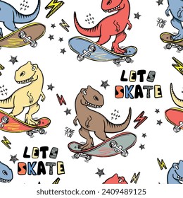 Pastel cool seamless pattern with dinosaur on a skateboard. graffiti background with t rex.For textile, kids wear, fabric and more
