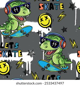 Pastellfarbenes, nahtloses Muster mit Dinosaurier auf einem Skateboard. Graffiti Hintergrund mit t rex.Für Textilien, Kinderkleidung, Stoff und mehr
