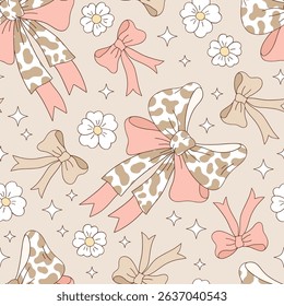 Pastel Coquette Boho Cowgirl Vector Seamless Pattern with Cow Print Bows and Daisy Flowers. Cowboy Wild West Girlish floral background. Feminine Western Style for Fabric, Stationery, Kids
