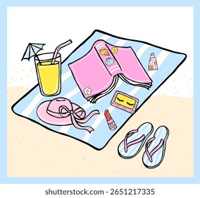 Pastel Coquette Girly Summer Beach Bookish, Book Reading amante na praia, Mão desenhada Doodle com linhas negras em Pastel vibrante Fisherman Estética