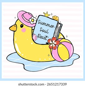 Pastel Coquette Girly Summer beach Bookish, book on Duck floating, Hand Drawn Doodle with Bold Lines.