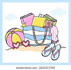 Pastel Coquette Girly Summer Beach Bookish, books in tote bag with sandal and ball on beach, Hand Drawn Doodle with Bold Lines in Vibrant Pastel Fisherman Aesthetic