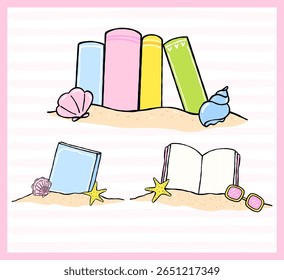 Pastel Coquette Girly Summer Beach Bookish, livros sobre conjunto de praia, Mão desenhada Doodle com linhas negras em vibrante Pastel Fisherman Estética