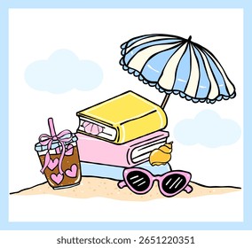 Pastel Coquette Girly Summer Beach Bookish, Empilhado Livro e café na praia, Mão desenhada Doodle com linhas negras em Pastel vibrante Fisherman Estética