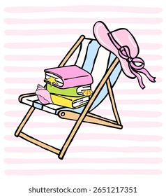 Pastel Coquette Girly Summer Bookish, Livros empilhados na cadeira de praia, Mão desenhada Doodle com linhas negras em Pastel vibrante Fisherman Estética
