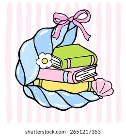 Pastel Coquette Girly Summer Bookish, Stacked Books in Clam Seashell, Hand Drawn Doodle with Bold Lines in Vibrant Pastel Fisherman Aesthetic