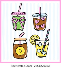 Pastel Coquette Girly Summer Drinks Set , Matcha, Iced Coffee, Lemonade in Hand Drawn Doodle with Bold Lines