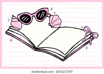 Pastel Coquette Girly Summer aberto Livro, Mão desenhada Doodle com linhas negras em pastel vibrante pescador estético