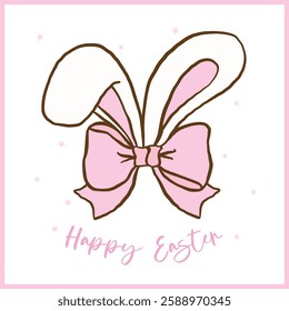 Pastel Coquette Happy Easter Bunny Ears with pink bow, Cute Cartoon Hand Drawn Greeting Card Illustration