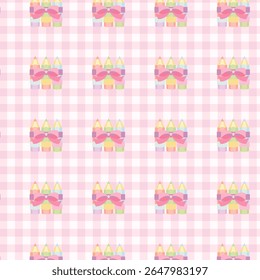 Pastel coquette padrão sem costura com lápis arco-íris e arcos cor-de-rosa no fundo de gingham, bonito de volta ao projeto de vetor da escola