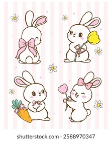 Pastel Coquette Spring Bunny, Cute Happy Easter Rabbit Cartoon Hand Drawn Illustration set.