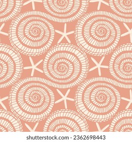 Pastel coral abstract seashell and sea star pattern texture print. Vector illustration. Vector illustration. Perfect for textile, vacation themed fabric, beachwear, stationery, wallpaper, packaging