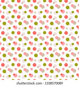 Pastel coral pink and green spring polka dot vector seamless pattern