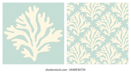 Pastel coral print and seamless pattern. Underwater sea life design, seamless coral reef pattern for wallpaper or textile. Pastel blue summer holiday coastal background and isolated coral shape print.