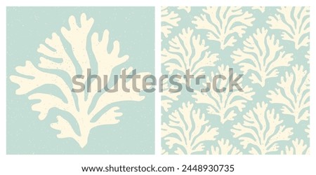 Pastel coral print and seamless pattern. Underwater sea life design, seamless coral reef pattern for wallpaper or textile. Pastel blue summer holiday coastal background and isolated coral shape print.