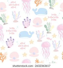 Pastel Coral and sea ​​animals seamless pattern