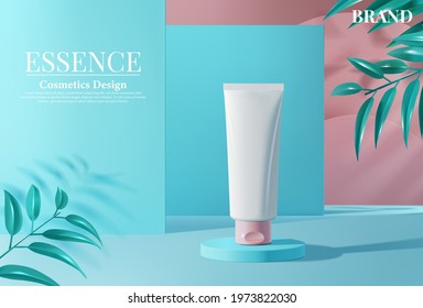 Pastel cosmetic tube ads on cylinder podium and plastic leaf, 3d illustration