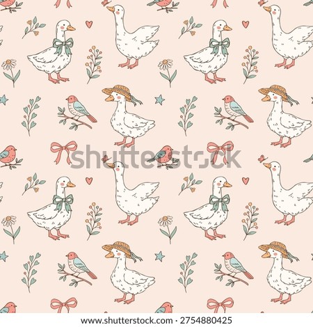 Pastel cottagecore seamless pattern with geese, birds, flowers and bows. Soft vector illustration with floral and decorative elements, hand-drawn and whimsical. Ideal for stationery, prints and fabric