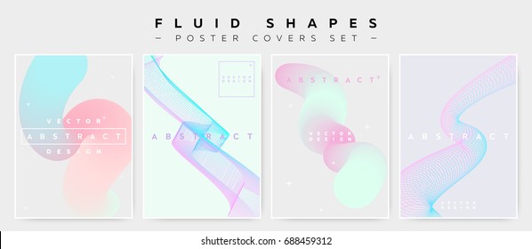 Pastel Covers Set with Abstract Fluid Waves. Modern Minimalistic Vector Illustration for Placard, Flyer, Banner, Report,Presentation. Abstract Futuristic Design with Holographic Colors and Copy Space.