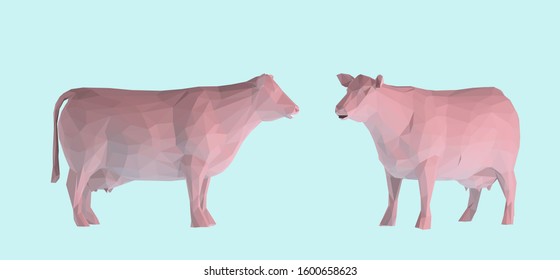 Pastel Cow. Set of Pink Cows on Pastel Blue Background. Low Poly Vector 3D Rendering