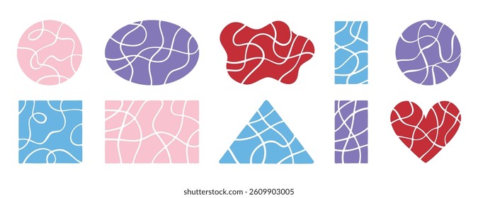 Pastel crack geometric shapes elements. Broken lines pattern effect set. Decorative template cute crack square, circle and heart. Vector illustration