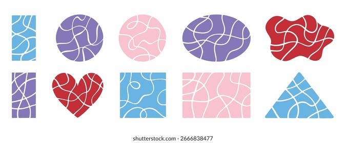 Pastel crack geometric shapes elements. Broken lines pattern effect set. Decorative template cute crack square, circle and heart. Vector illustration