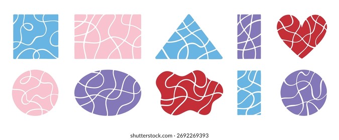 Pastel crack geometric shapes elements. Broken lines pattern effect set. Decorative template cute crack square, circle and heart. Vector illustration