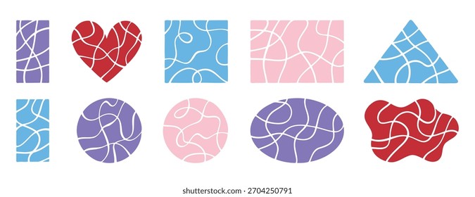 Pastel crack geometric shapes elements. Broken lines pattern effect set. Decorative template cute crack square, circle and heart. Vector illustration