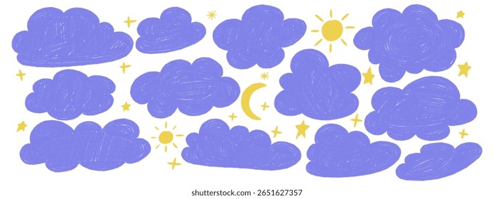 Pastel crayon blue clouds and yellow stars set. Hand drawn fluffy cloud, sun, and moon doodles in kids style. Vector illustration