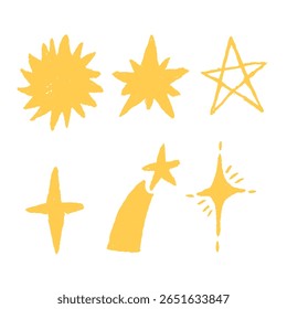Pastel Crayon Brush Shine Yellow Star. Hand Texture Pencil Star. Vector Color Line Illustration