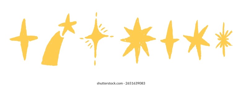 Pastel Crayon Brush Sketch Yellow Star. Hand Texture Pencil Star. Vector Color Line Illustration