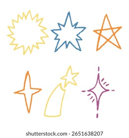 Pastel Crayon Brush Twinkle Star Set. Estrela de lápis de textura de mão. Ilustração de Linha de Cor de Vetor