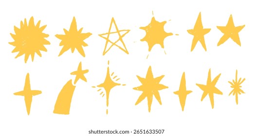 Pastel Crayon Brush Yellow Star. Hand Texture Pencil Star. Vector Color Line Illustration