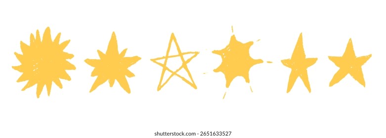 Pastel Crayon Brush Yellow Star Set. Hand Texture Pencil Star. Vector Color Line Illustration