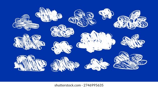 Pastel crayon cloud sketch with rough hand drawn charm. Blue sky shape in cute doodle style. Ideal for kids artwork, weather icons, and whimsical illustrations with soft chalk texture.