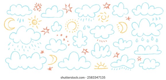 Pastel crayon clouds. Cute happy childish chalk clouds, naive Sun Moon sky weather chalky elements, doodle hand drawn sketch elements for kids design. Vector isolated set.