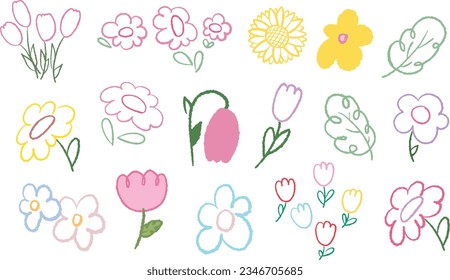 Pastel crayon outline of flowers and leaves such as sunflower and tulip for sticker, tattoo, decoration, logo, icon, nature, garden, post, fabric print, banner, template, pattern, poster, online