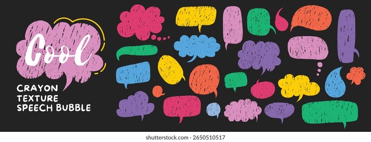 Pastel crayon speech bubbles, chalk text frames, doodle talk boxes and pencil drawn elements for cute cartoon designs, birthday cards, scrapbooking, stickers or digital media