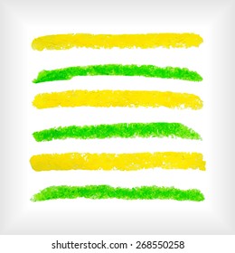Pastel crayons strokes set. Collection of bright yellow and green chalk strokes. EPS10 vector elements isolated on white.