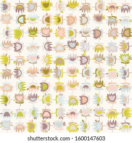 Pastel cut out style floral vector texture. Feminine geometric seamless stylised flower pattern. Hand drawn variegated daisy tulip check background. Textured spring color allover print swatch