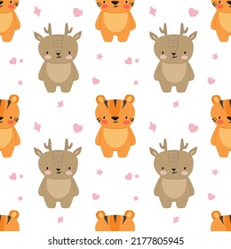 Pastel cute animals with hearts seamless pattern background EPS