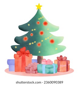 Un bonito árbol de Navidad pastel con el presente y las luces de bola por la técnica de acuarela. Dibujos de ilustraciones de vectores.