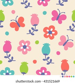 Pastel cute flower and butterfly seamless vector pattern