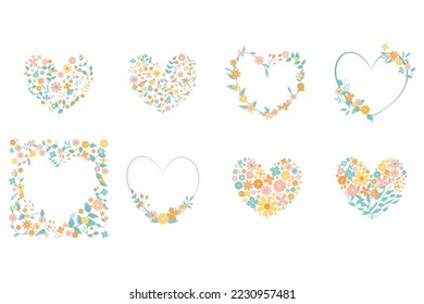 Pastel cute flower element in heart shape set for decoration of valentine or wedding card