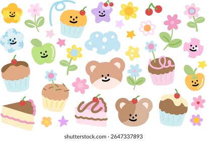 Pastel ilustrações fofinhas de ursinho de pelúcia, flores, bolos, cereja, maçã para primavera, verão, frutas, piquenique, adesivos, impressão floral, brinquedo de pelúcia, desenho animado, personagens, animal, zoológico, loja de souvenir, flor