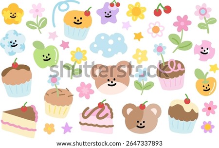 Pastel cute illustrations of teddy bear, flowers, cakes, cherry, apple for spring, summer, fruits, picnic, stickers, floral print, plush toy, cartoon, characters, animal, zoo, souvenir shop, blossom
