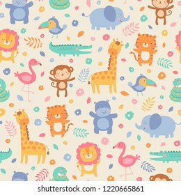 Pastel Cute Jungle Animals With Flower And Leaf Seamless Pattern Background