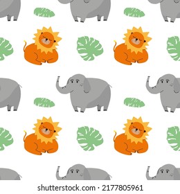 Pastel cute jungle animals with leaf seamless pattern background EPS