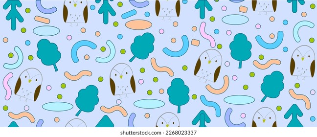 Pastel cute owls with trees and leaf seamless pattern background